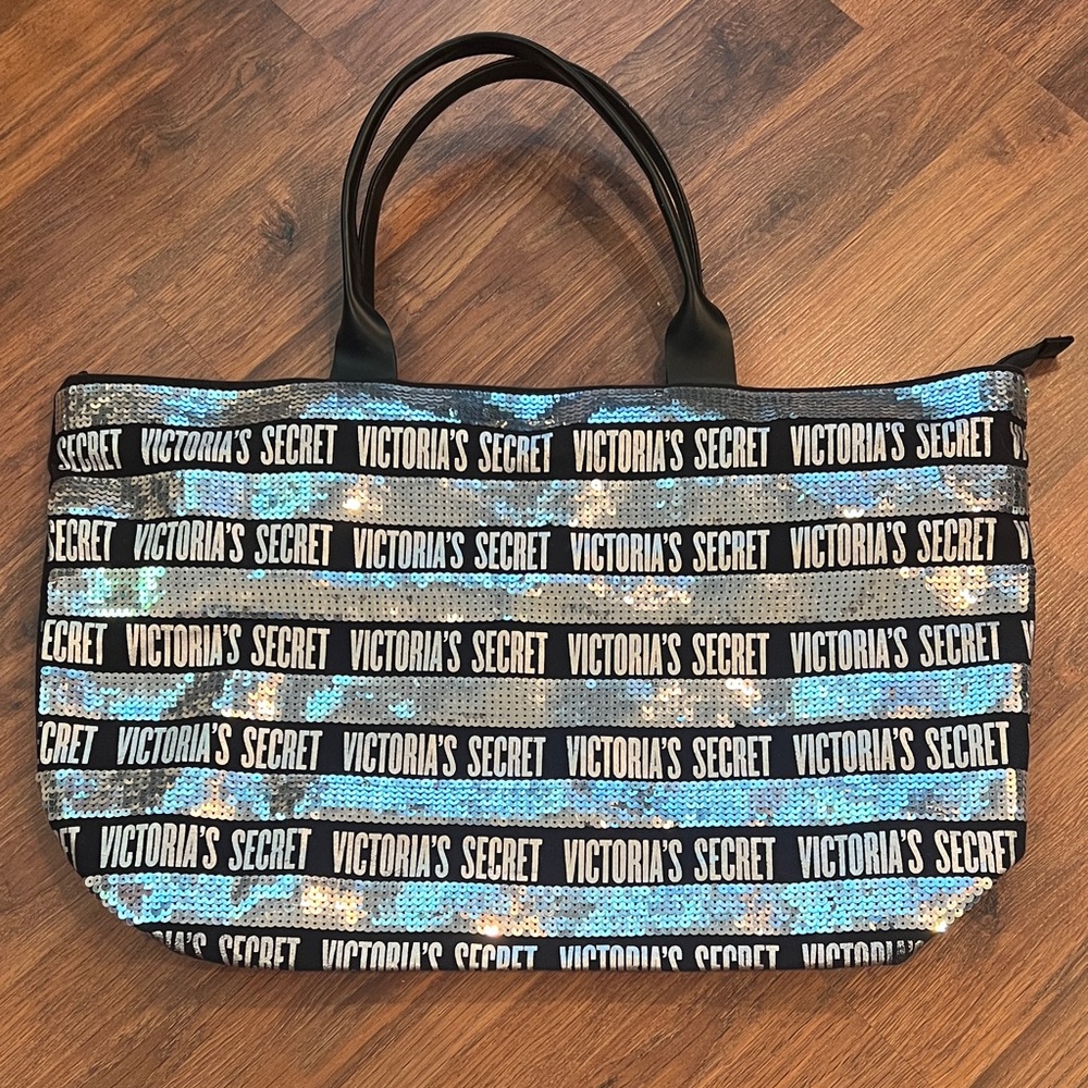 Y2K - Vintage Victoria's Secret Black and Silver Sequin Logo Tote